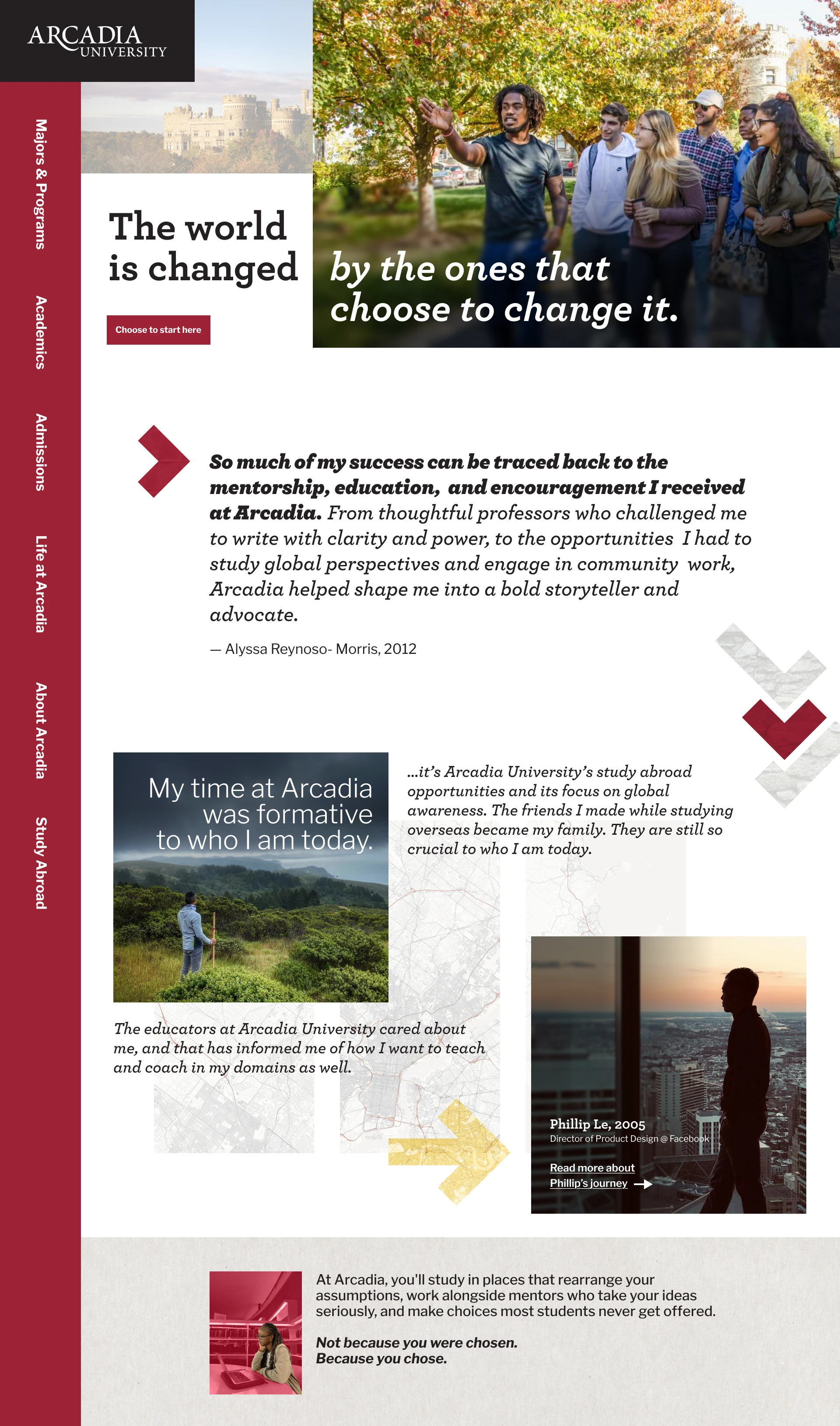 Arcadia homepage concept mockup 1 — 'The world is changed by the ones that choose to change it.'